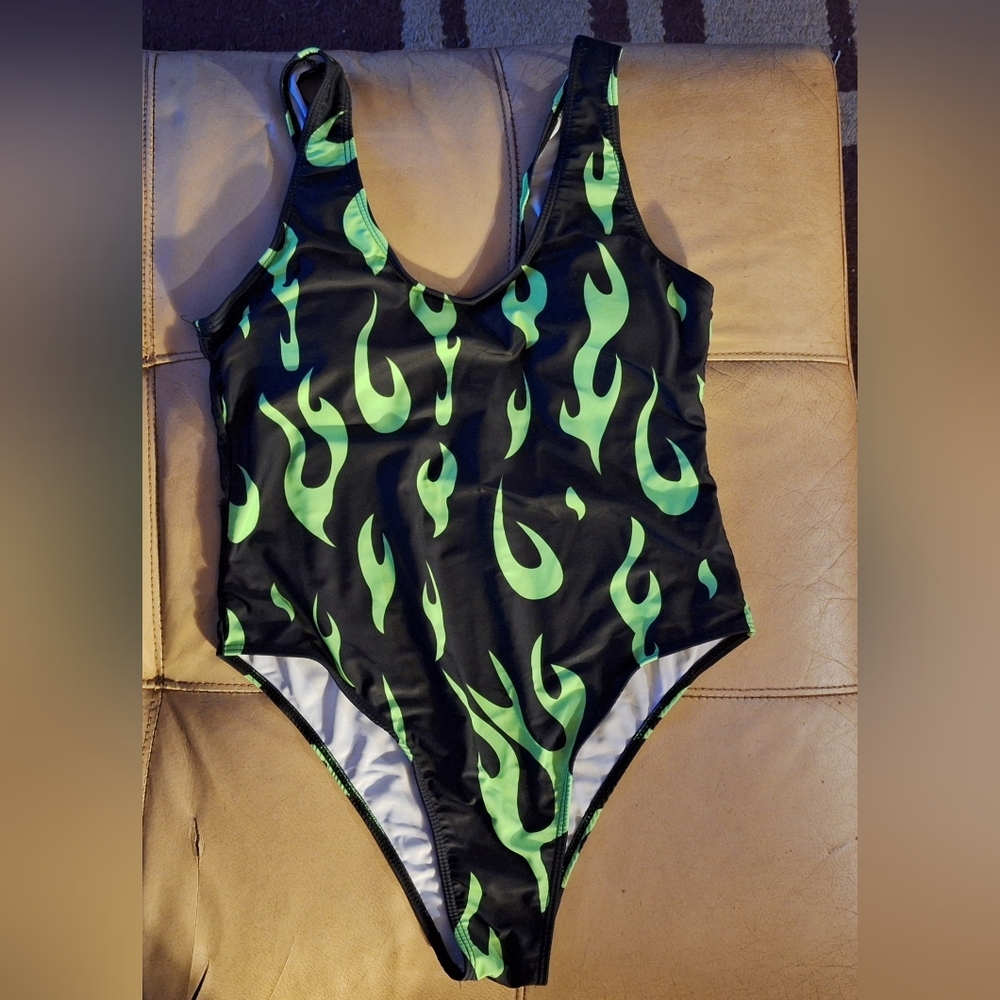 Verdancy Women Funky One-Piece Bathing Suit, Color: Black w/ Neon Green Flames